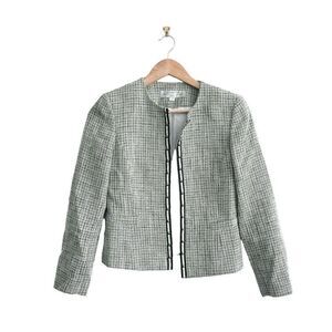 Tahari Womens Tweed Blazer Jacket Formal Long Sleeve Black Green White Petite 2